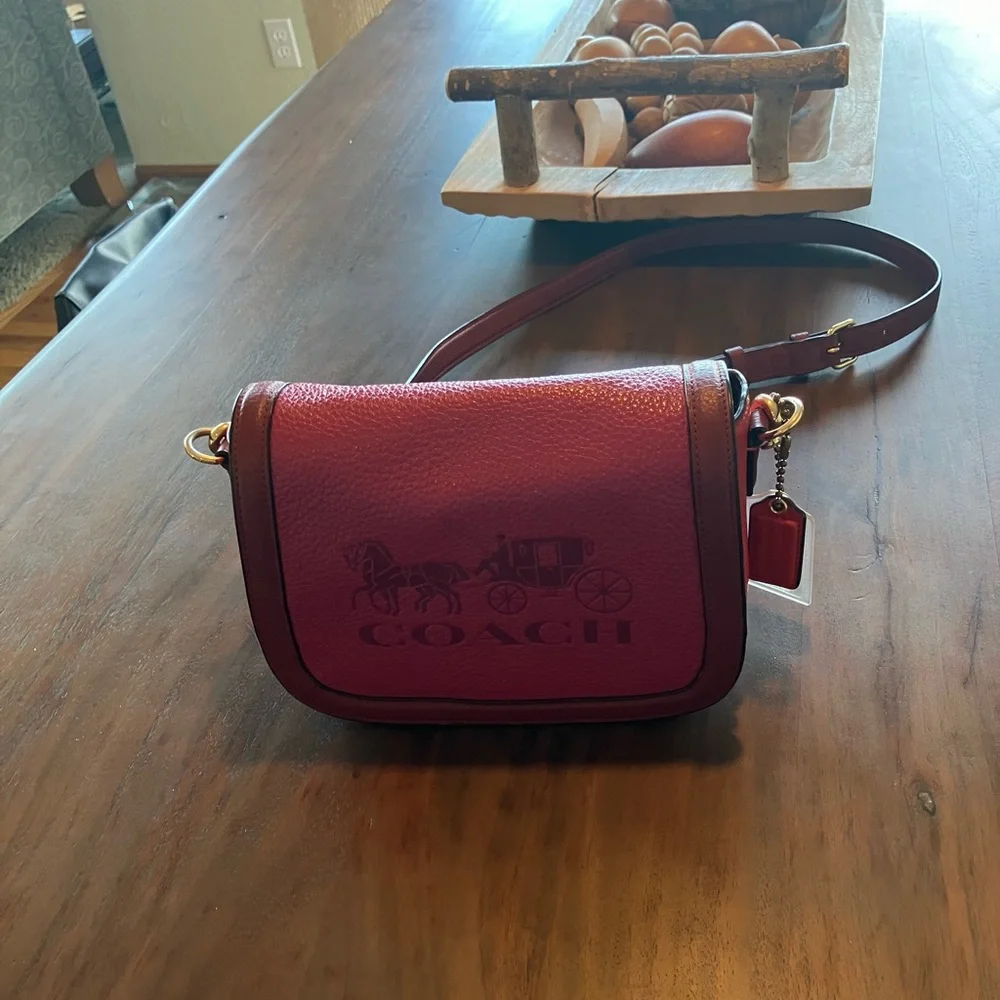 Coach Raspberry-Pink Pebbled Saddle BAG Leather Crossbody with Brown Trim - Picture 3 of 8